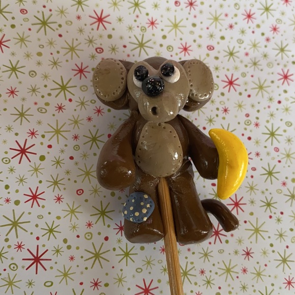 Handcrafted; Clay; Monkey; Plant Stick